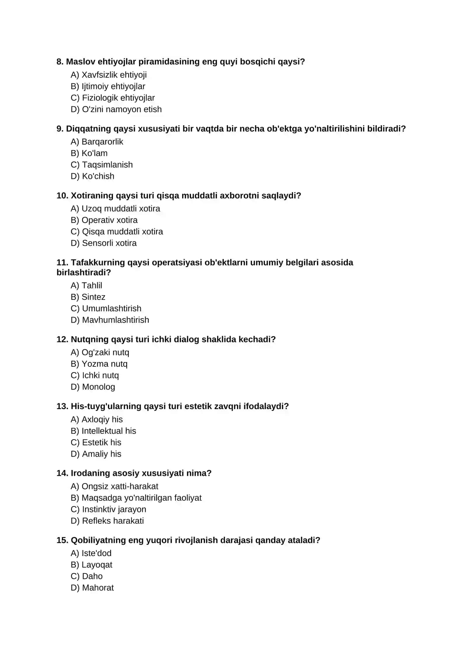 PSIXOLOGIYA FANIDAN TESTLAR 2