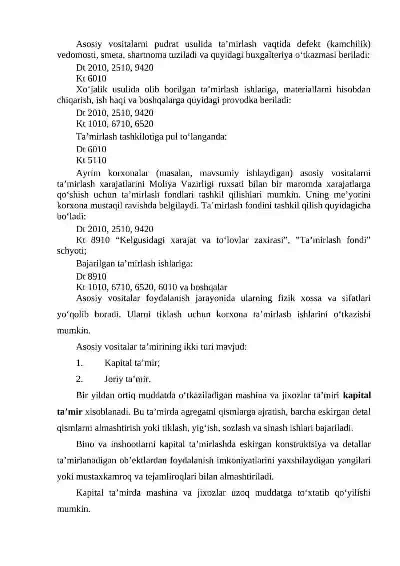 Asosiy vositalarni ta’mirlash hisobi 2