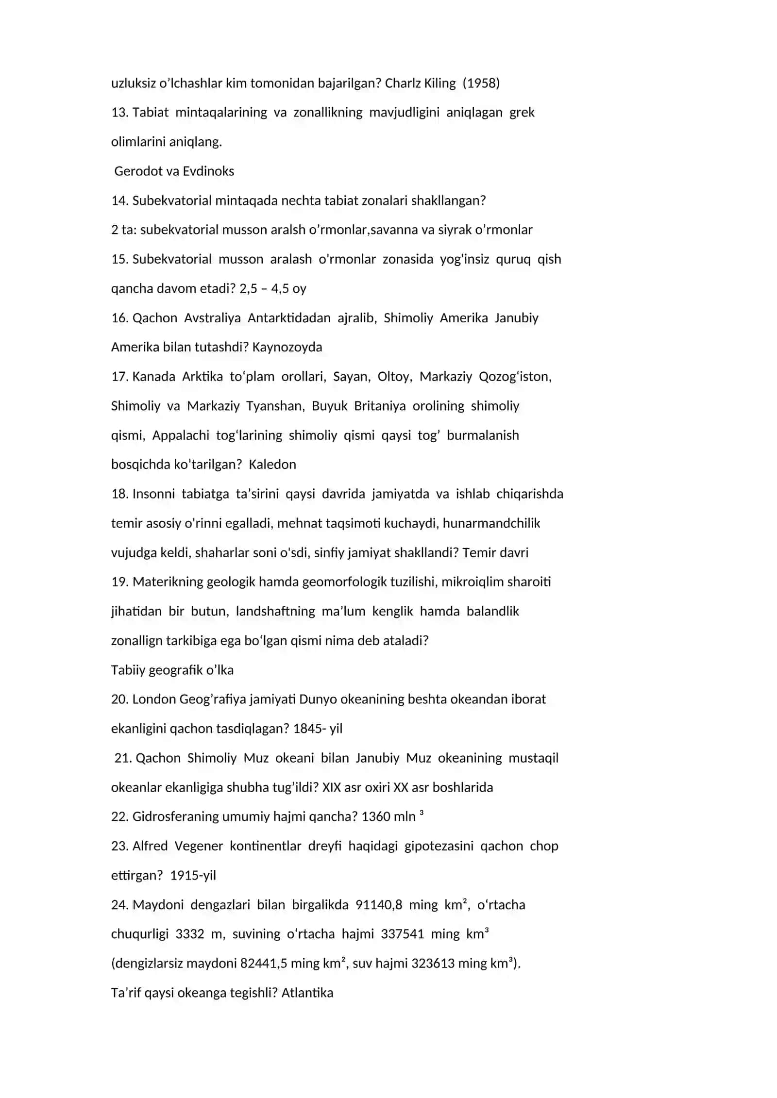 Jahon geografiyasi fanidan test savollari 2