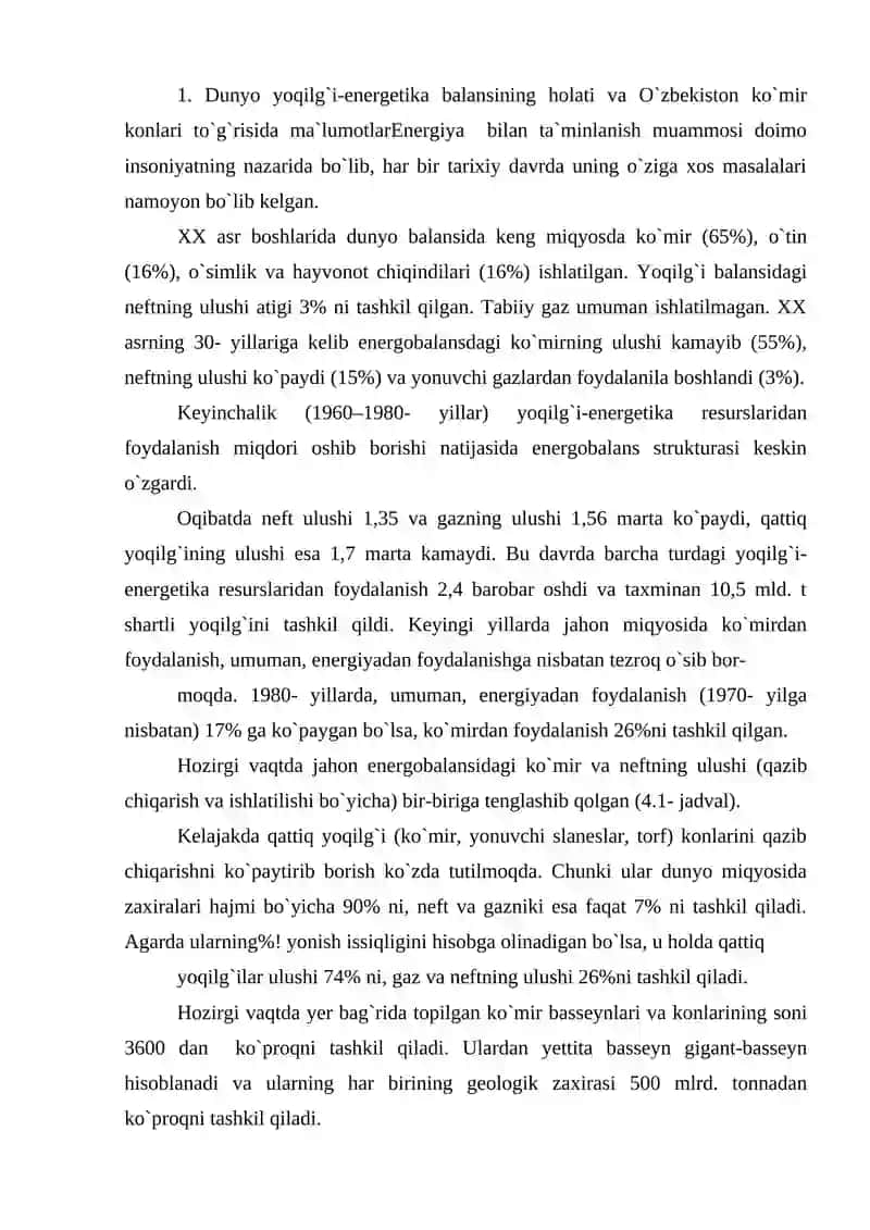 Dunyo yoqilg`i-energetika balansining holati va O`zbekiston ko`mir konlari 2