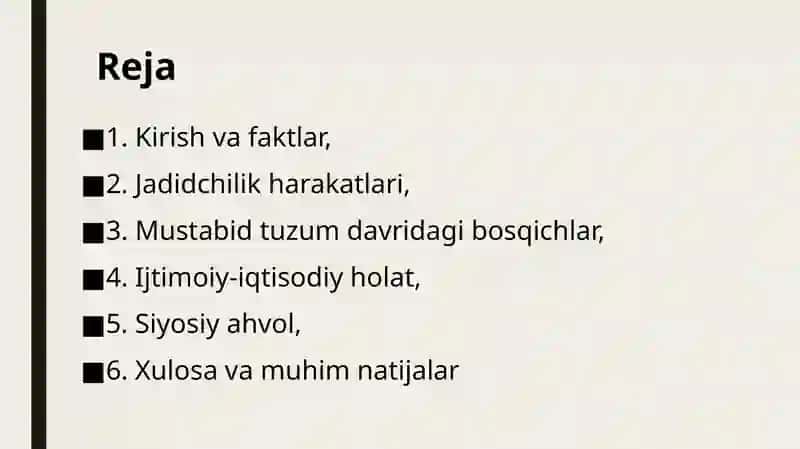 Milliy davlatchlikni barpo etishdagi harakatlar: Jadidchilik. Mustabid tuzum davrida O‘zbekistondagi qatag‘onlik davrining asosiy bosqichlari 80-90 yillarda O‘zbekistonning ijtimoiy-iqtisodiy va siyosiy ahvoli 2