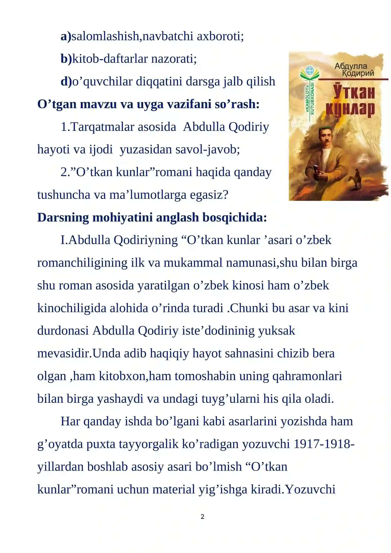 10-sinf Adabiyot Abdulla Qodiriyning O'tgan kunlar romani dars ishlanma 2