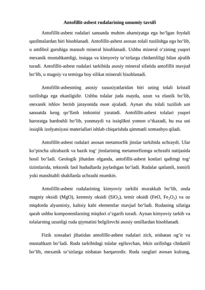 Antofillit-asbest rudalarini boyitish 2