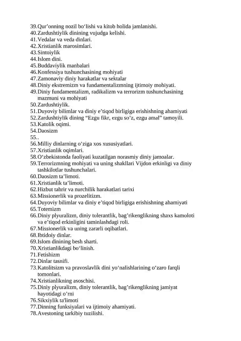 Dinshunoslik fanidan yakuniy nazorat savolnomasi 2
