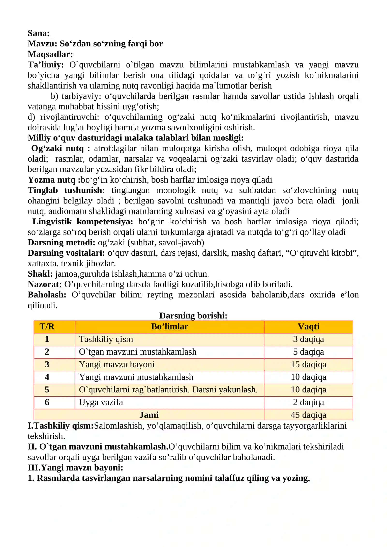 3-sinf Ona tili va o'qish savodxonligi fanidan So'zdan so'zning farqi bor mavzusida dars ishlanma 2
