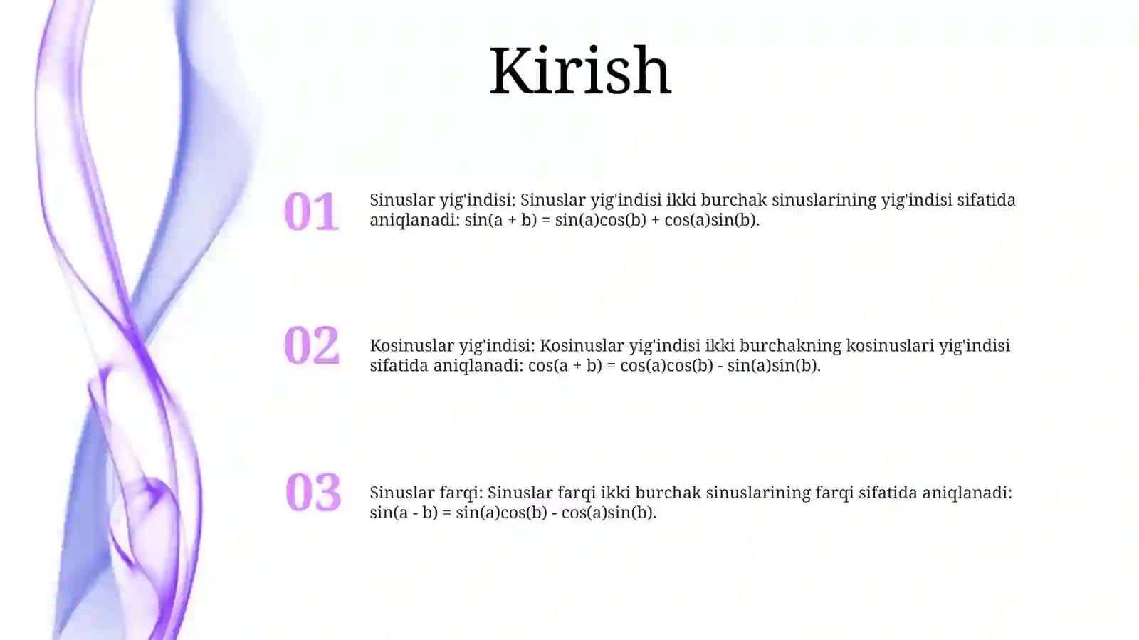 Sinuslar Va Kosinuslar Yig'Indisi Va Ayirmasi 2