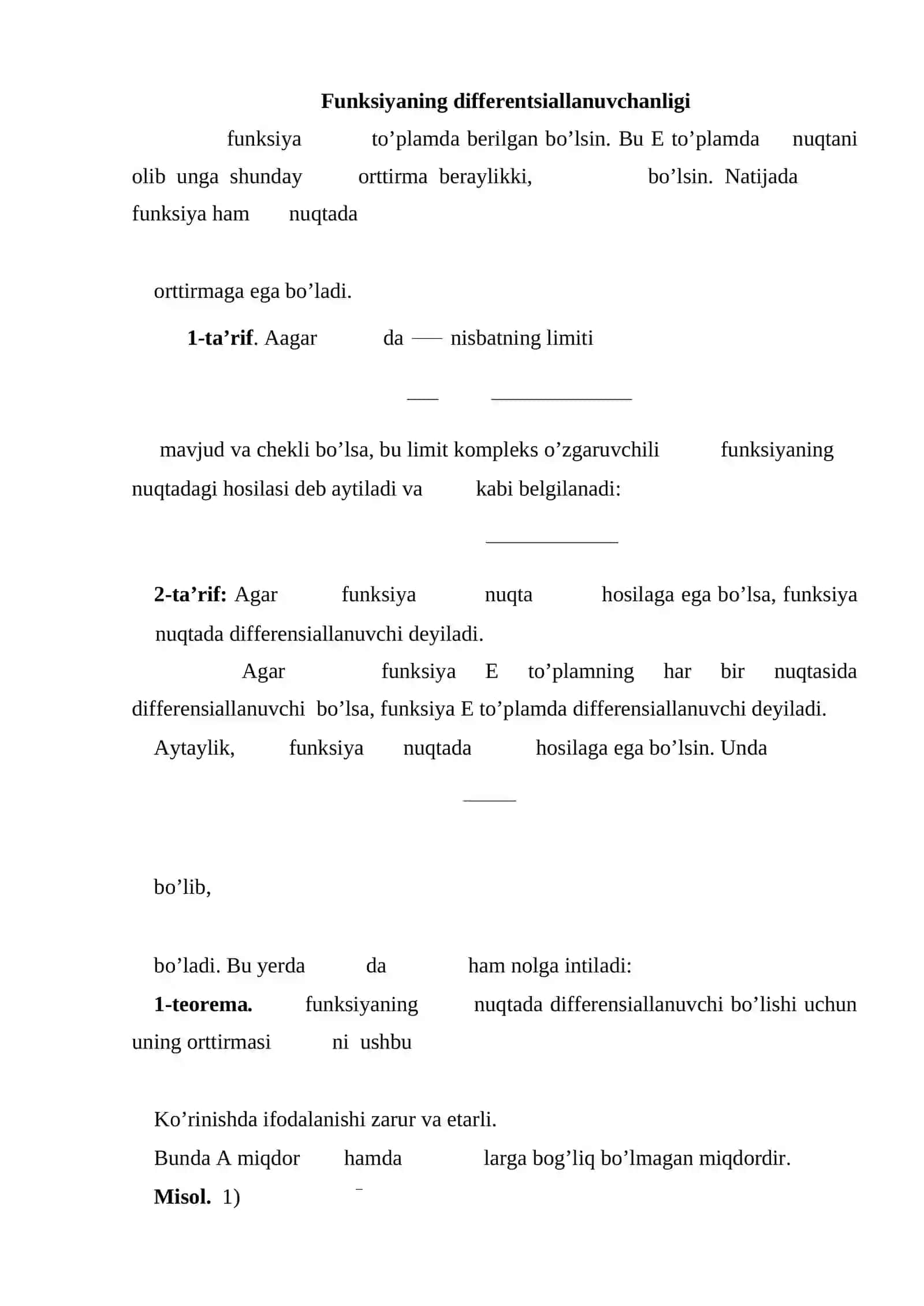 Funksiyaning differentsiallanuvchanligi koshi riman shartlari 2