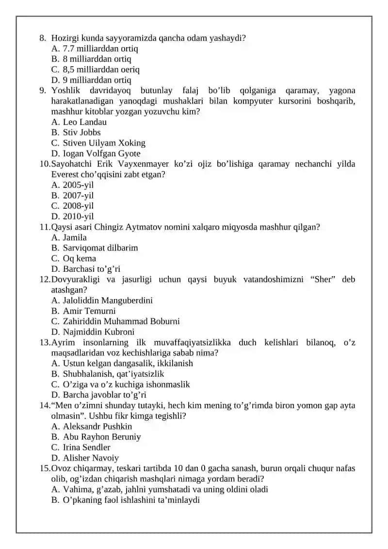 5-sinf o’quvchilari uchun tarbiya fanidan nazorat ishi 2