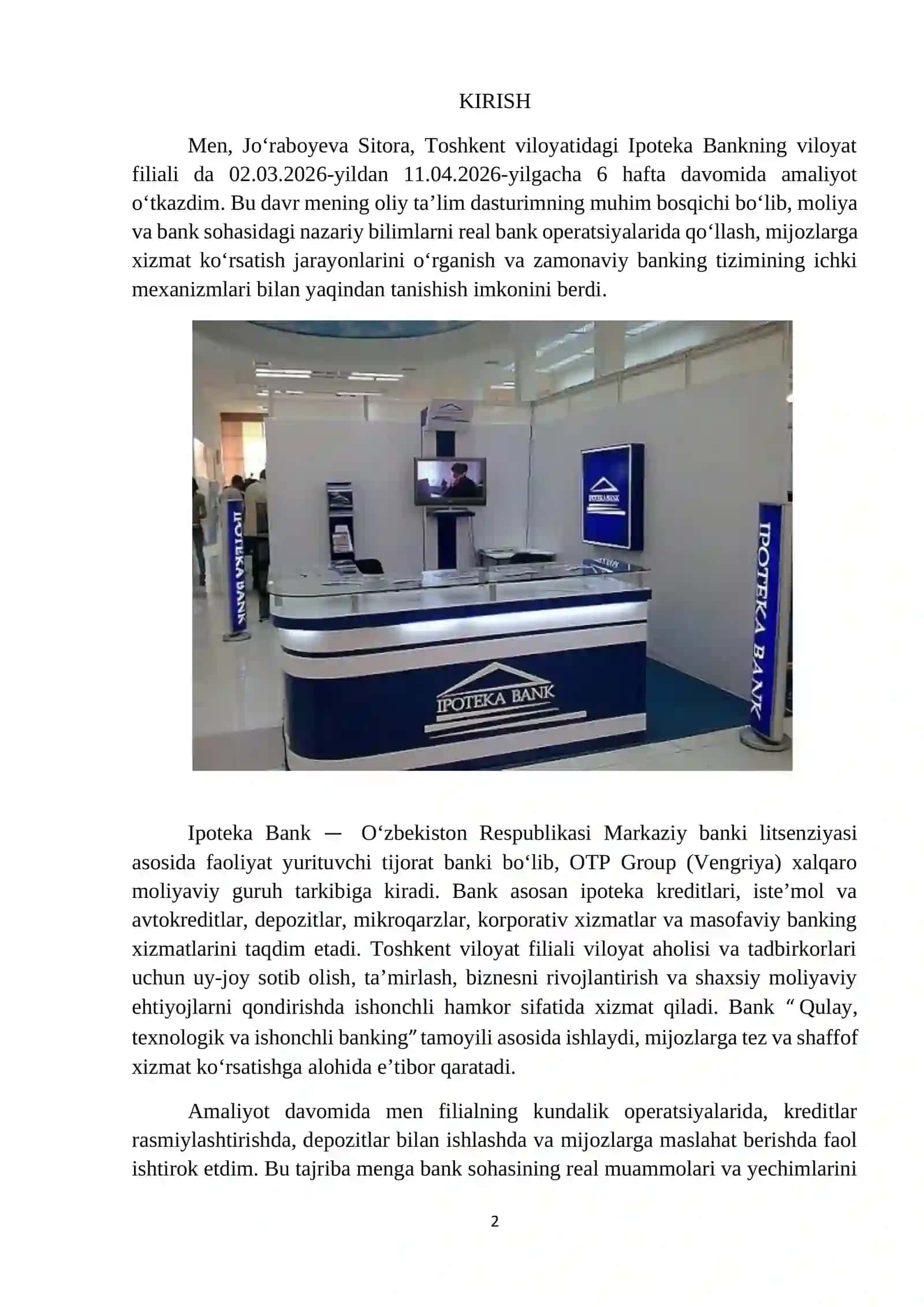 IPOTEKA BANK AMALIYOT HISOBOTI. 6 HAFTALIK 2