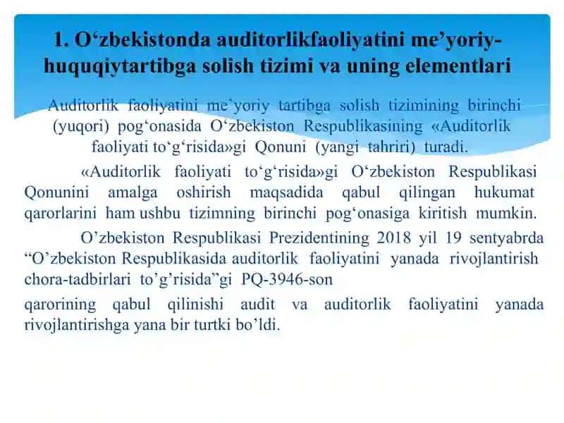 O‘zbekistonda auditorlik faoliyatini me’yoriy-huquqiy tartibga solish tizimi va uning elementlari 2