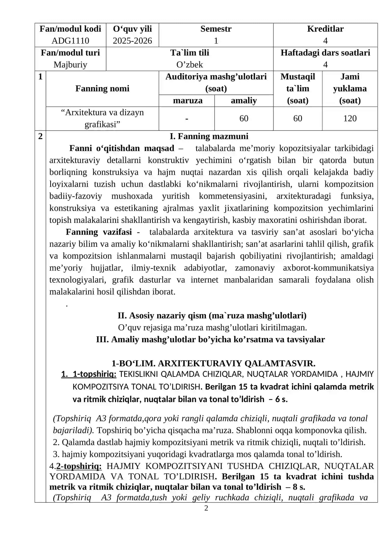 “ARXITEKTURA VA DIZAYN GRAFIKASI” fanining O‘QUV DASTURI 2