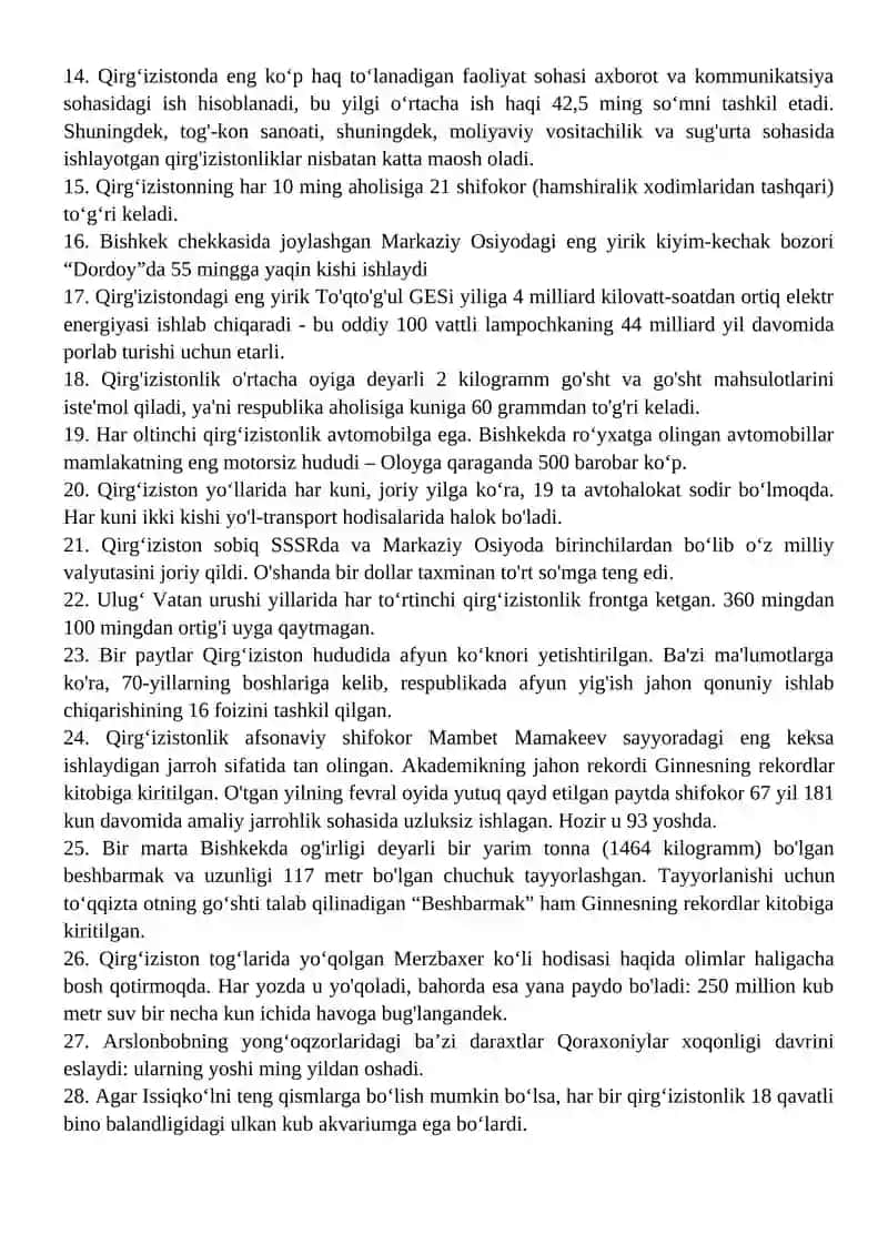 QIRG'IZISTON HAQIDA 30 TA AJOYIB FAKT 2
