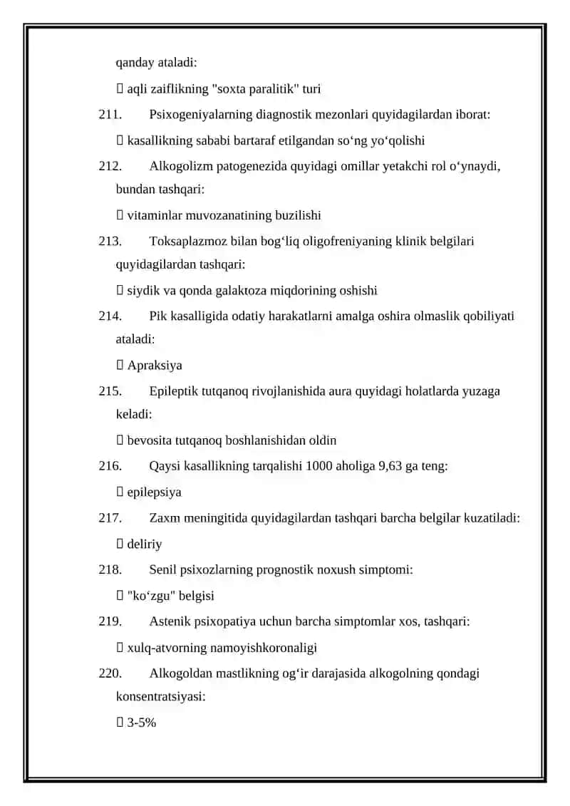 PSIXIATRIYA MUTAXASSISLIGI BOʻYICHA SHAKLLANTIRILGAN TEST SAVOLLARINING JAVOBLAR 2