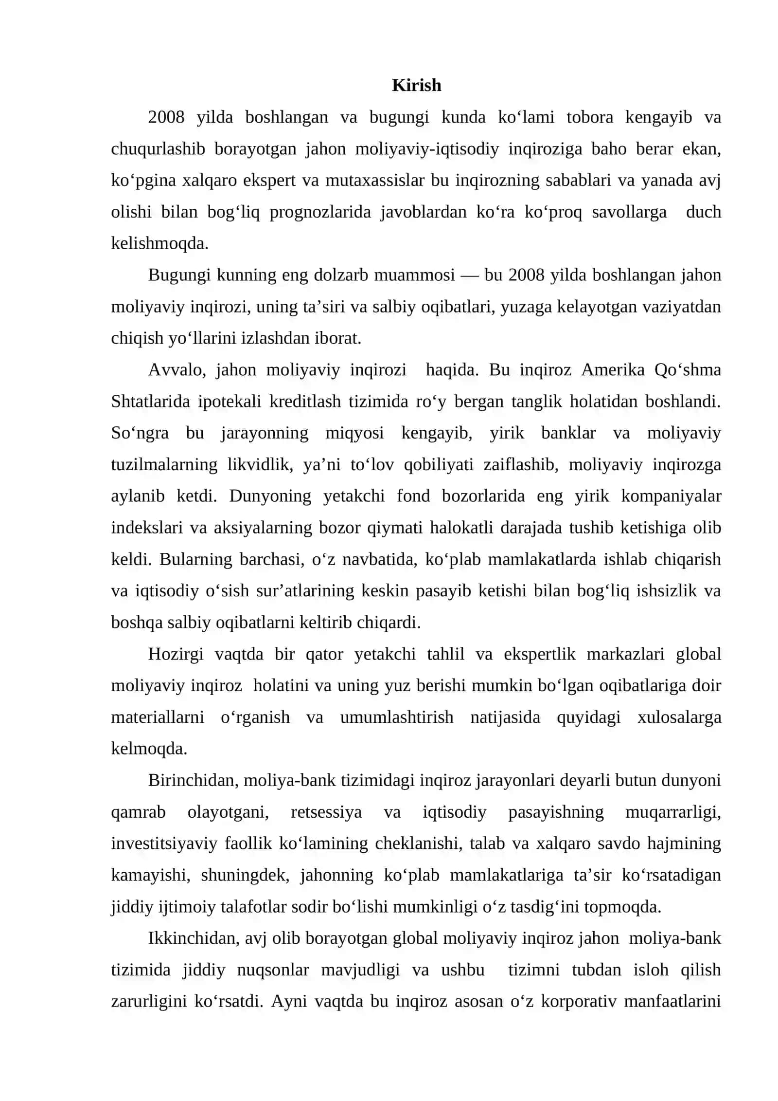 JAHON MOLIYAVIY-IQTISODIY INQIROZI, O‘ZBEKISTON SHAROITIDA UNI BARTARAF ETISHNING YO‘LLARI VA CHORALARI 2