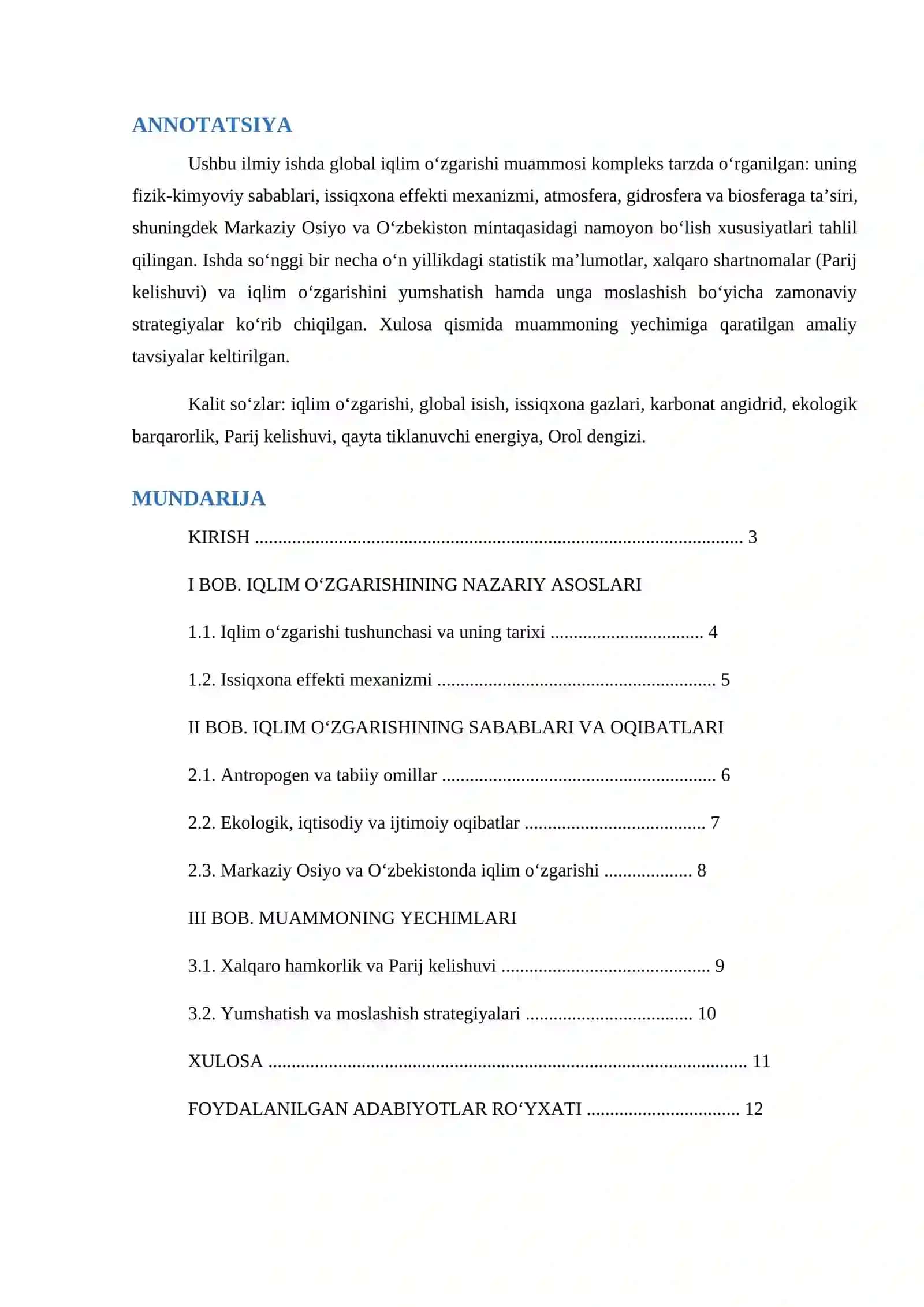 Referat Iqlim oʻzgarishi ilmiy ish 2