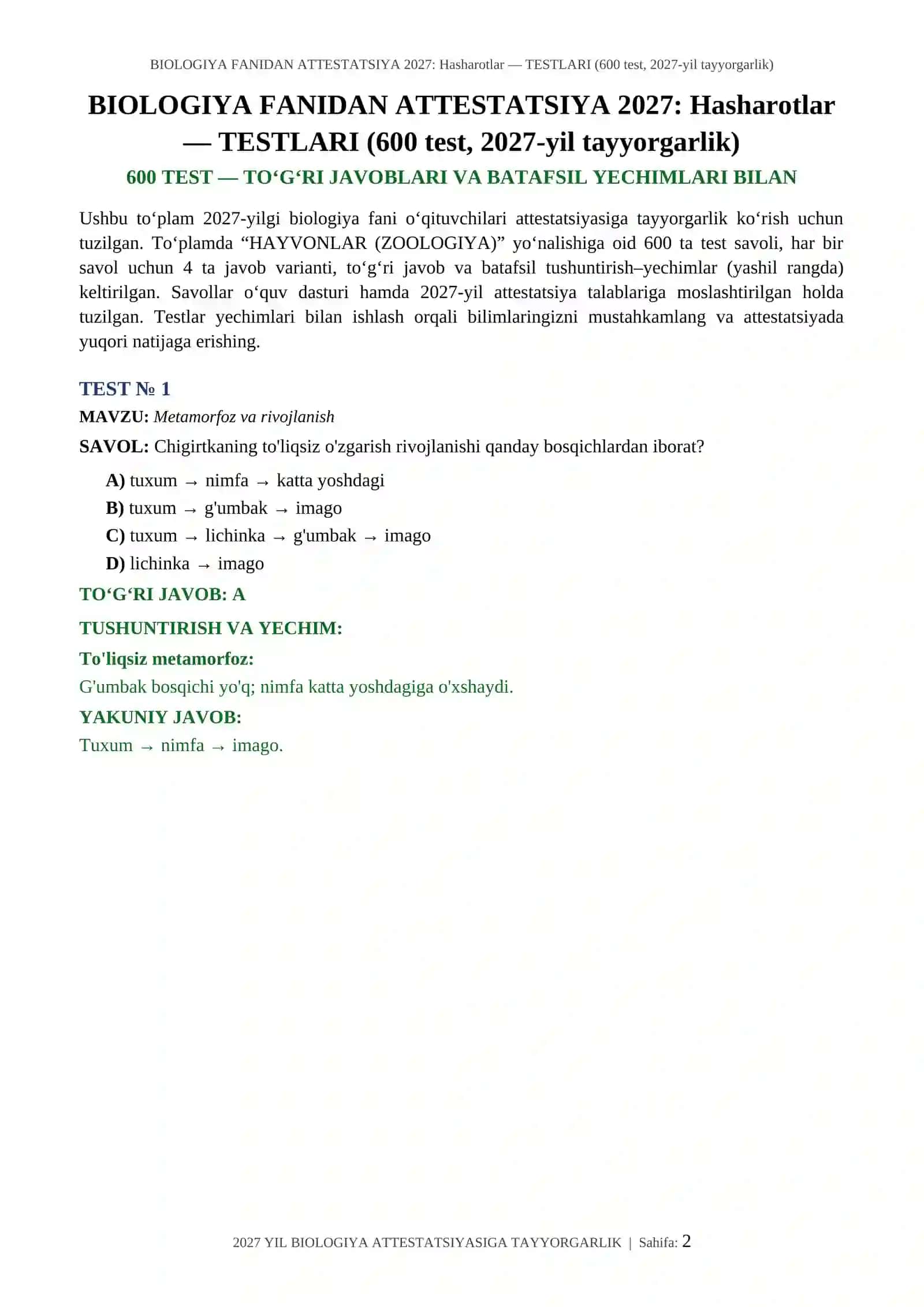 BIOLOGIYA FANIDAN ATTESTATSIYA 2027: Hasharotlar — TESTLARI (600 test, 2027-yil tayyorgarlik) 2