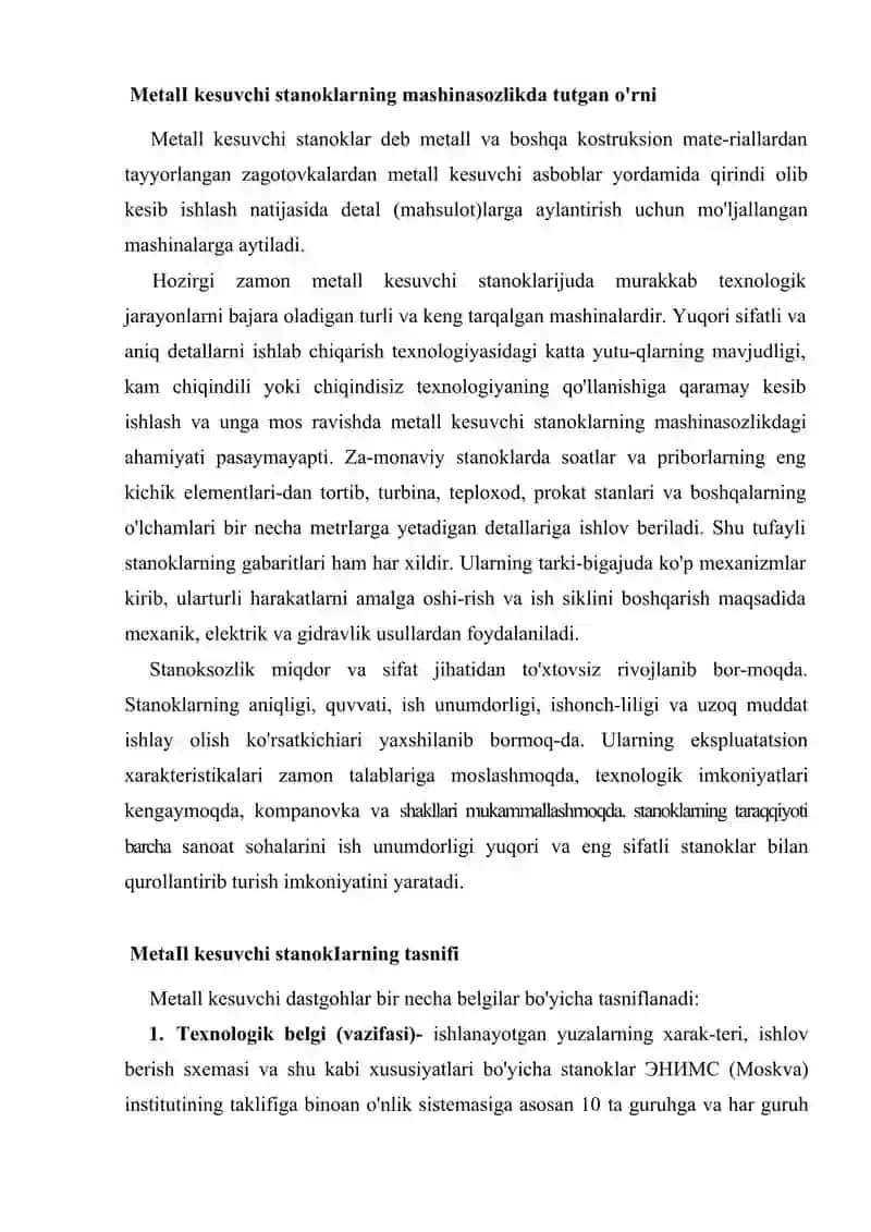 ASOSIY METALL KESUVCHI STANOKLAR VA ULARNING ISHLATILISHI 2