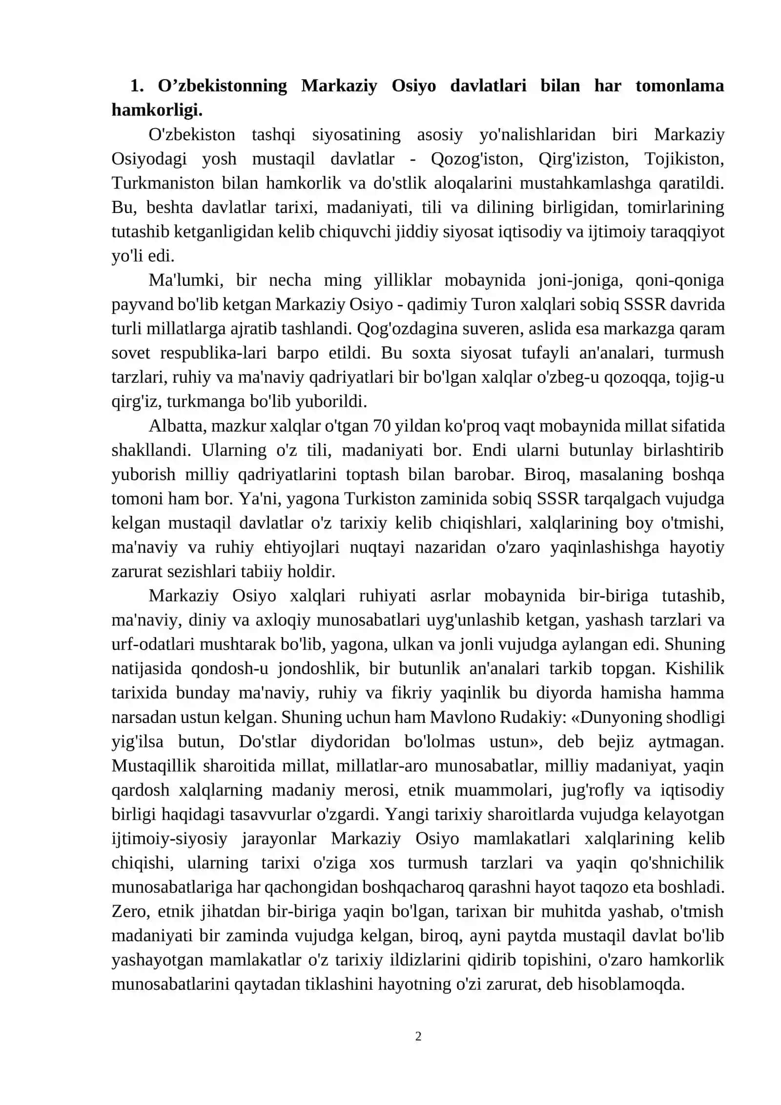 O`ZBEKISTONNING MINTAQADA TINCHLIK VA BARQARORLIKNI TA’MINLASH BORASIDA OLIB BORGAN SIYOSATI 2