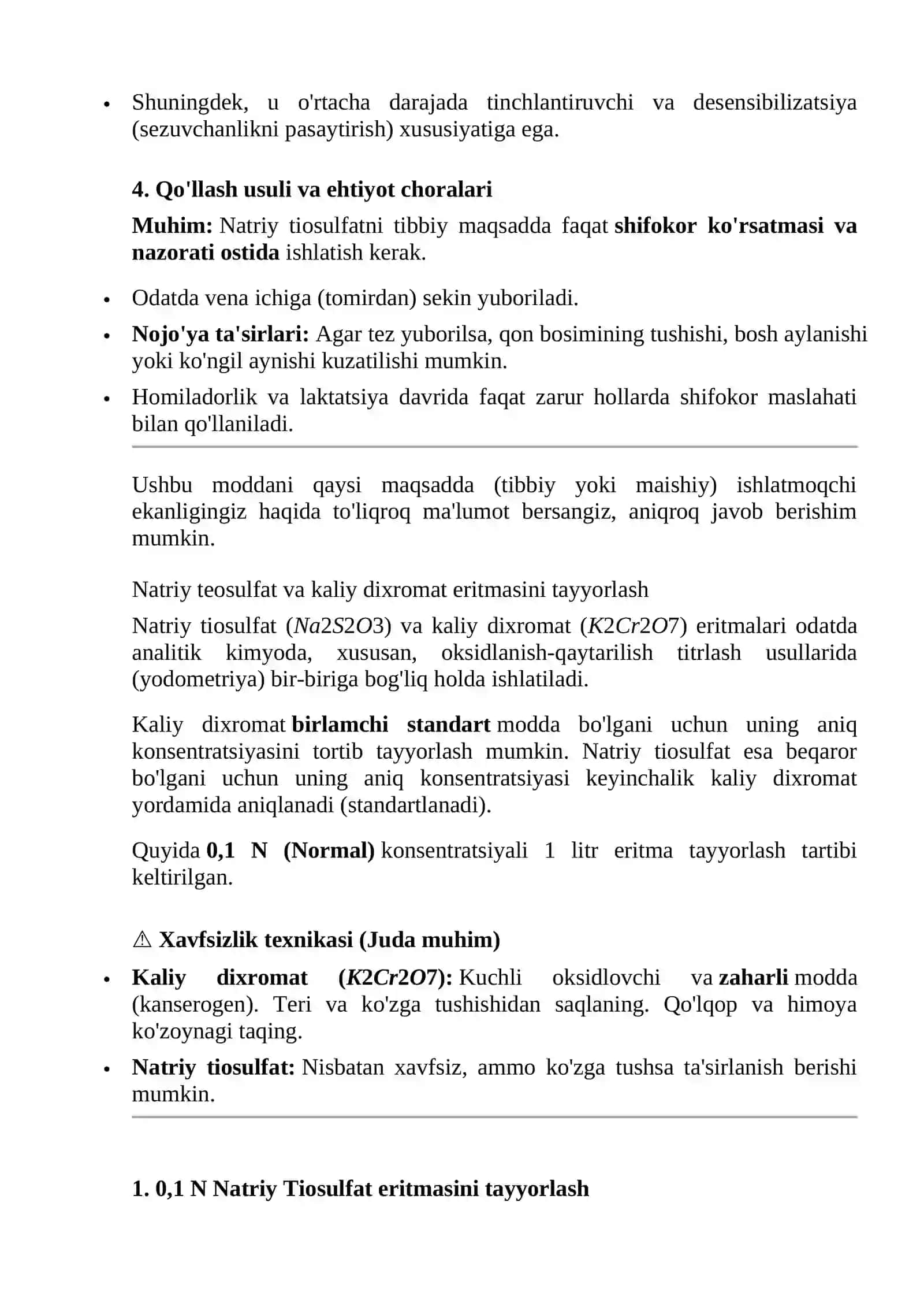 Natriy teosulfat va kaliy dixromat eritmasini tayyorlash 2