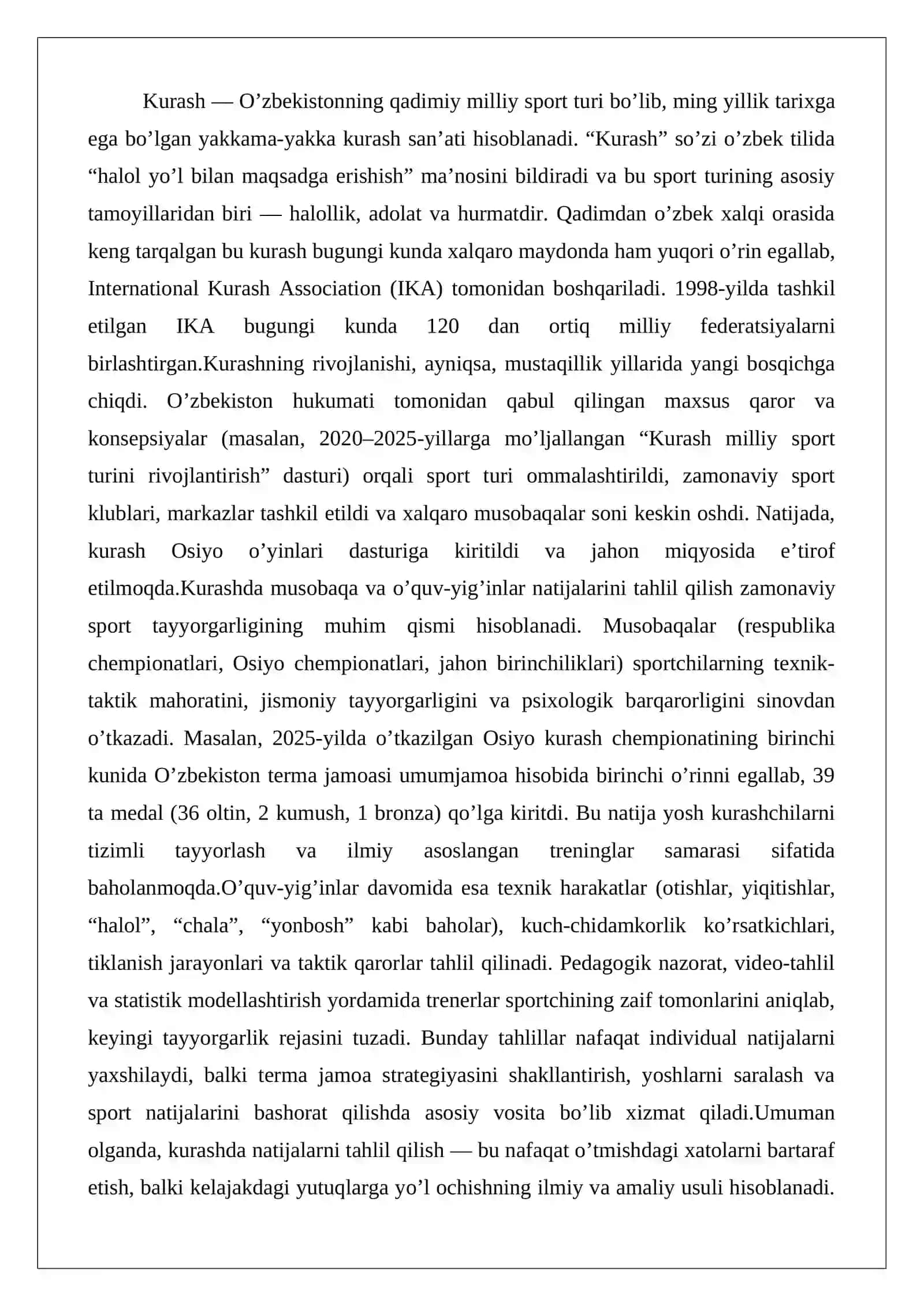 Kurashda musobaqa va o’quv-yig’inlar natijalarini tahlil qilish 2