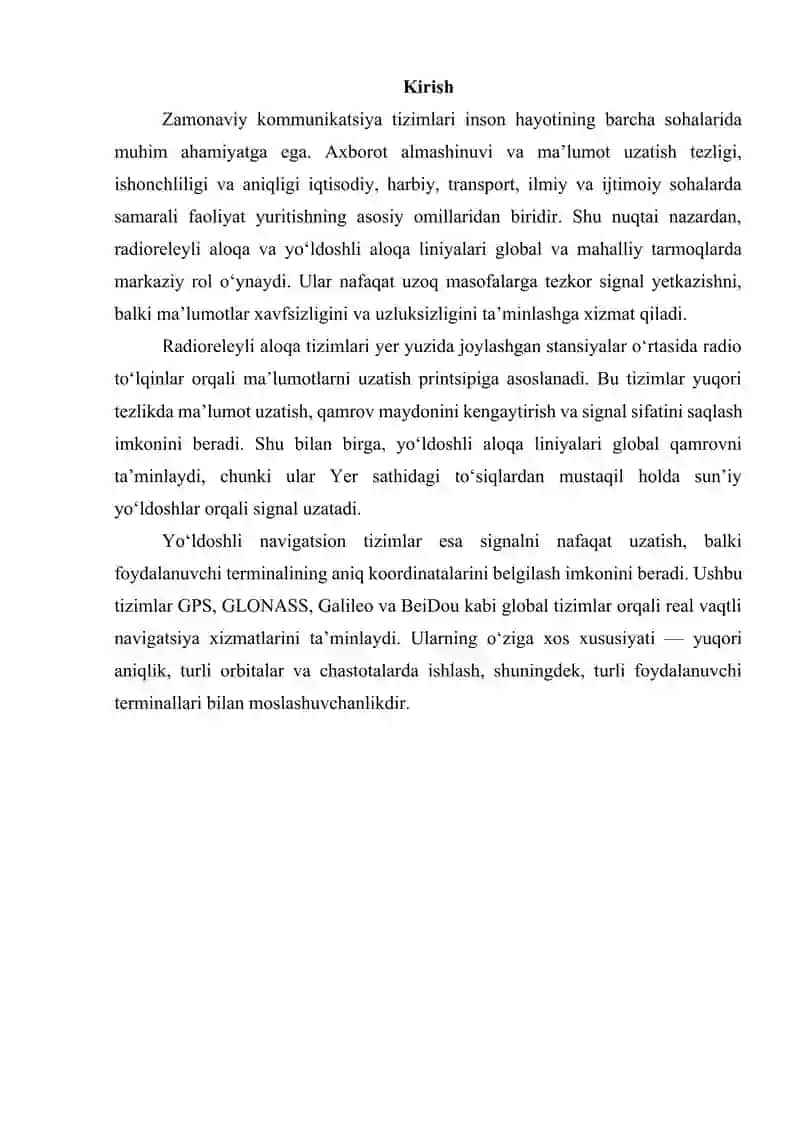 Radioreleyli aloqa va yoʻldoshli aloqa liniyalarini tashkil etish. Yoʻldoshli navigatsion tizimlari va ularning oʻziga xos xususiyatlari. 2