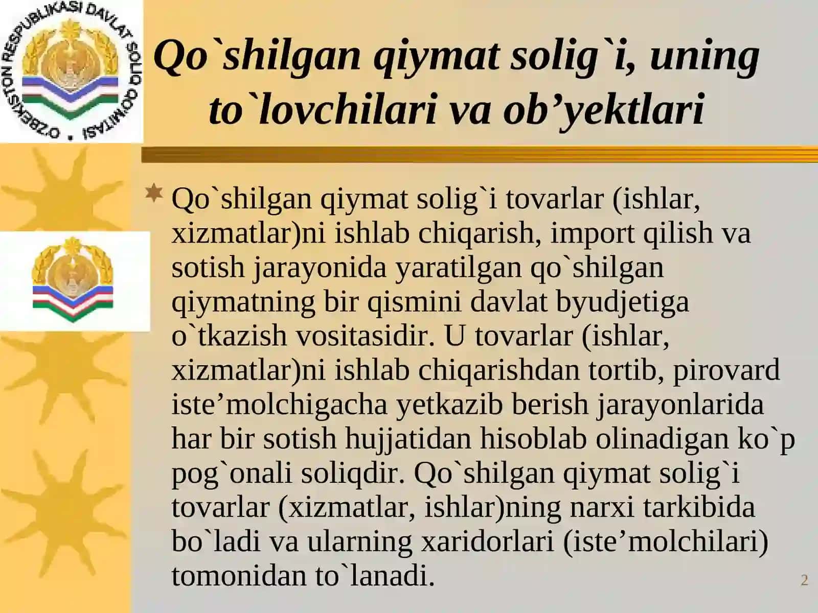 Qo'shilgan qiymat solig'ining soliqqa tortish ob'ekti, soliq stavkalari va imtiyozlari 2