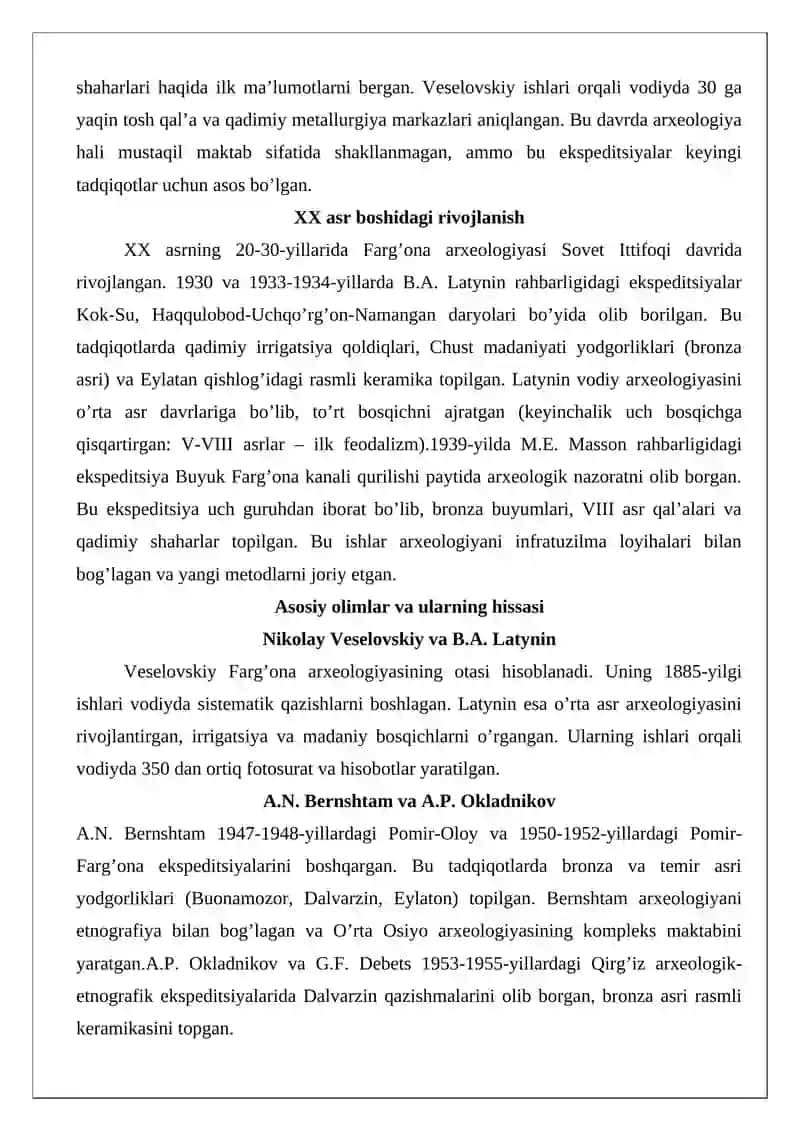 Farg’ona vodiysi arxeologiyasi maktabining shakllanishi 2