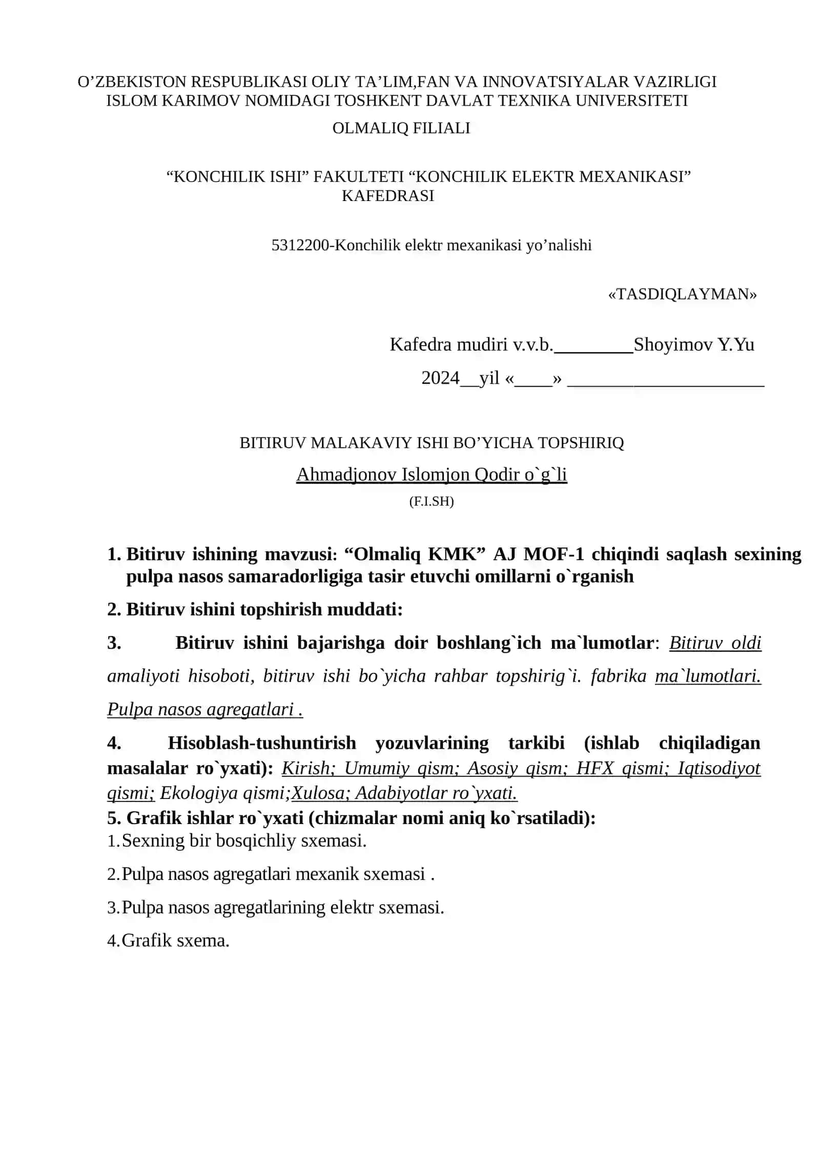 “Olmaliq KMK” AJ MOF-1 chiqindi pulpa nasos samaradorligiga ta`sir etuvchi omillarni o`rganish 2