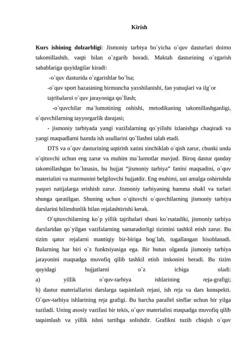 Jismoniy tarbiya fani bo'yicha o'quv tarbiya jarayonini rejalashtirish texnologiyasi 2