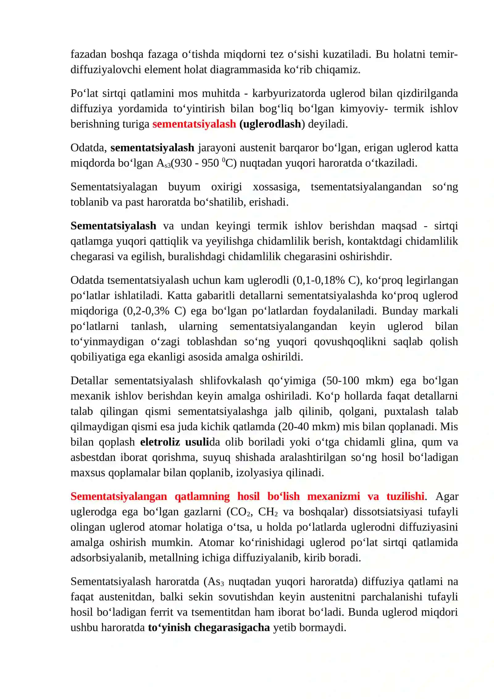 Po’latlarni kimyoviy-termik ishlov berish. Po’latlarni sementatsiyalash, azotlash va sianlash texnologik jarayonlari 2
