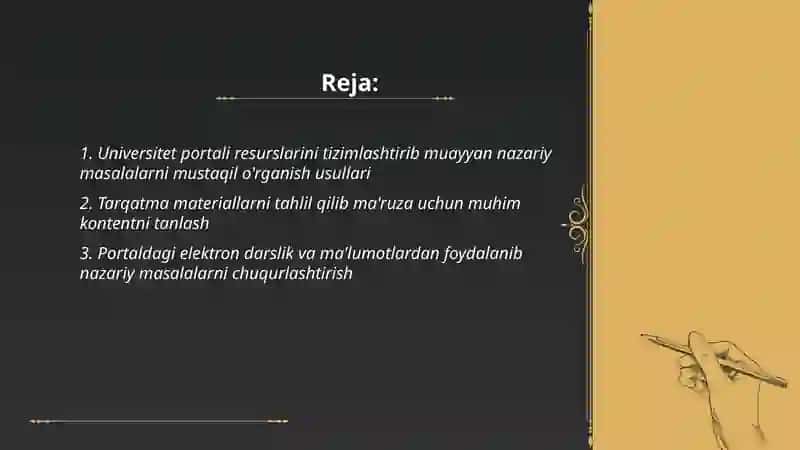 Universitet portali resurslarini tizimlashtirib muayyan nazariy masalalarni mustaqil o'rganish usullari 2