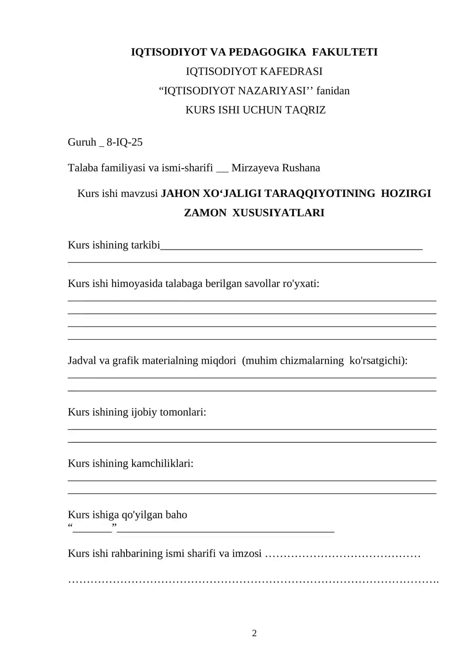 JAHON XOʻJALIGI TARAQQIYOTINING HOZIRGI ZAMON XUSUSIYATLARI 2