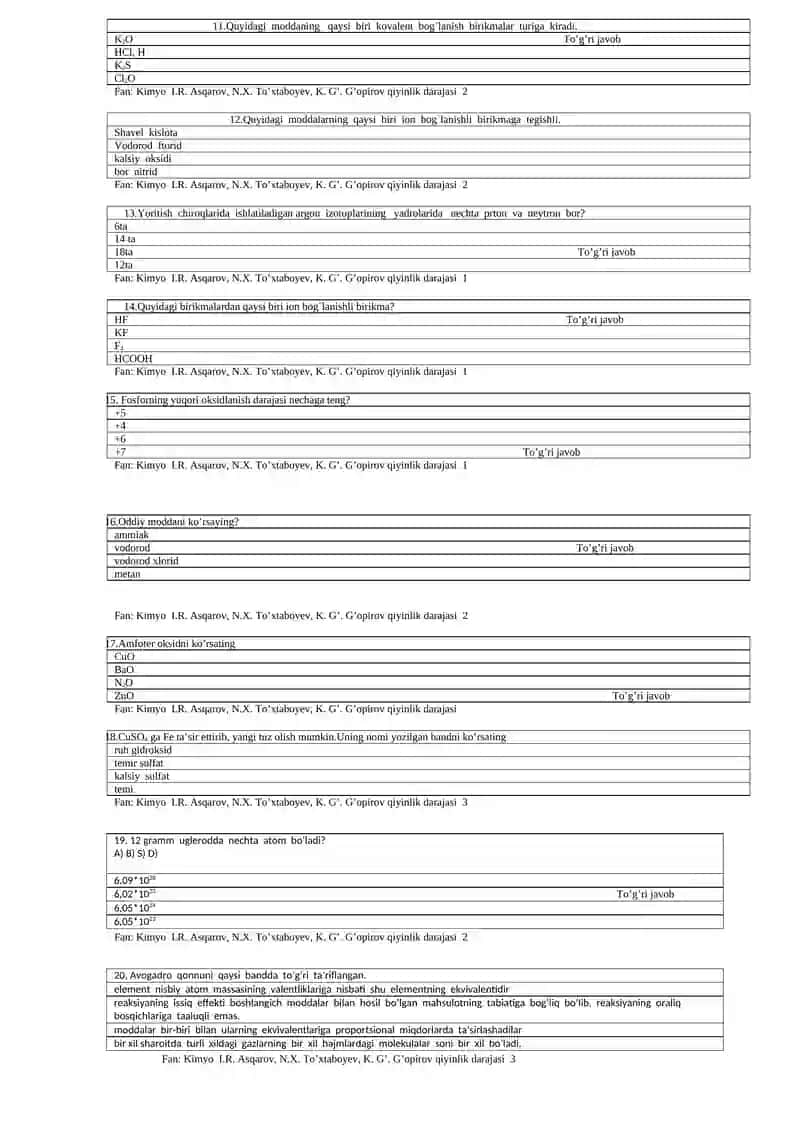 Kimyo test 8 – sinf 2