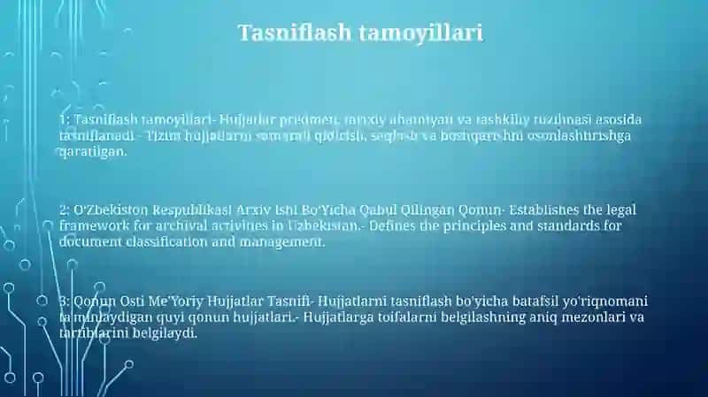 O‘Zbekiston Respublikasi Arxiv Ishi Bo‘Yicha Qabul Qilingan Qonun Va Qonun Osti Me'Yoriy Hujjatlar Tasnifi 2