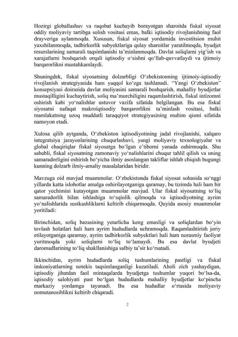 Fiskal siyosatining zamonaviy yo'nalishlari va samaradorligi 2