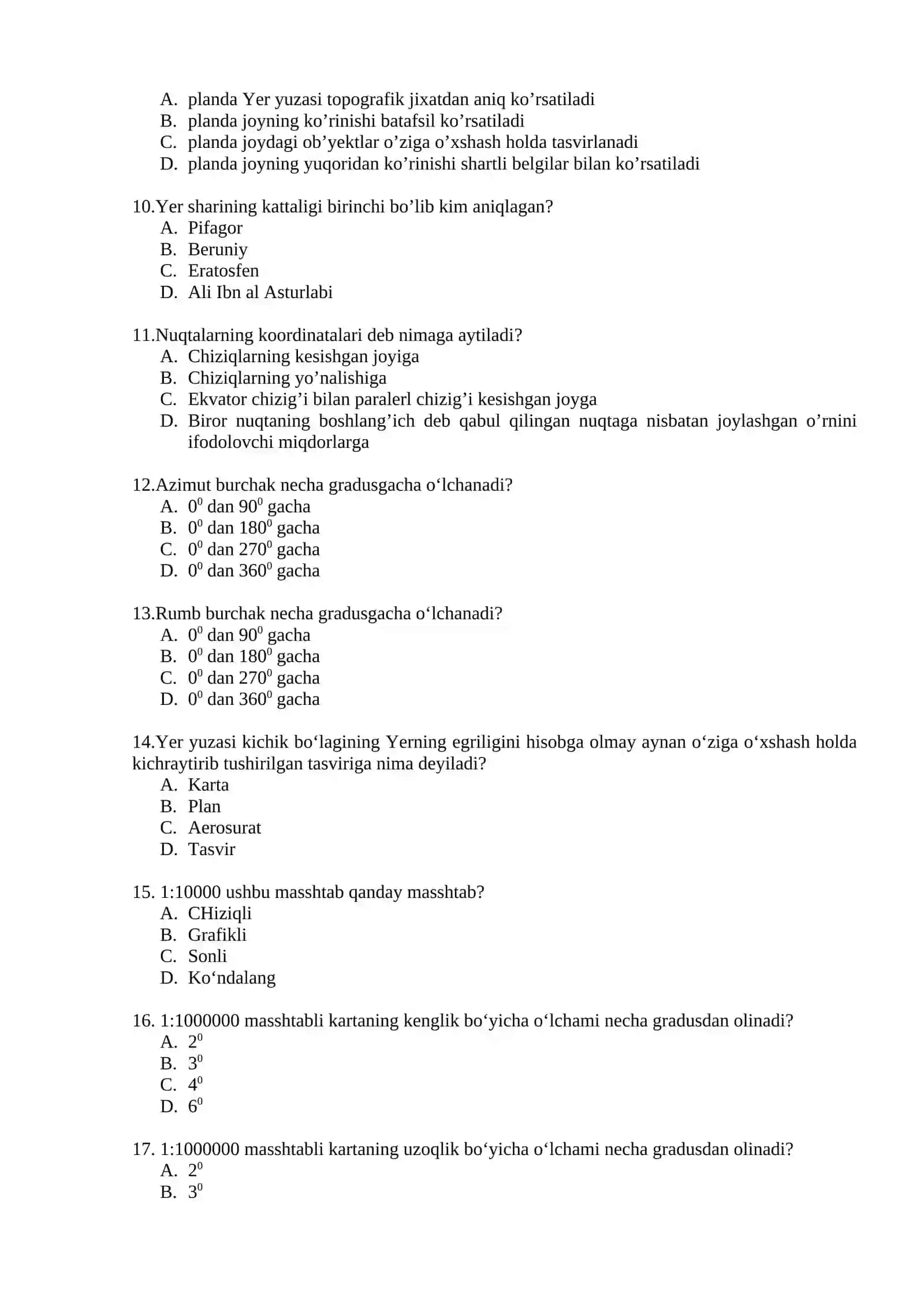 Topografiya, kartografiya va GIS fanidan 1-100 test 2
