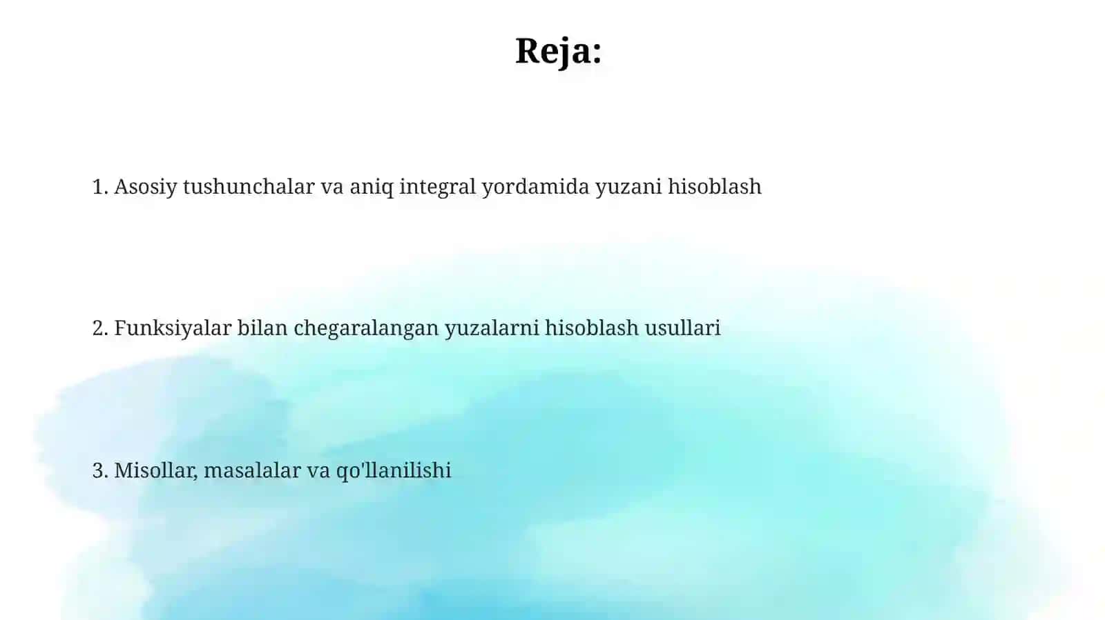 Aniq integrallar yordamida yassi figuralar yuzalarini hisoblash 2