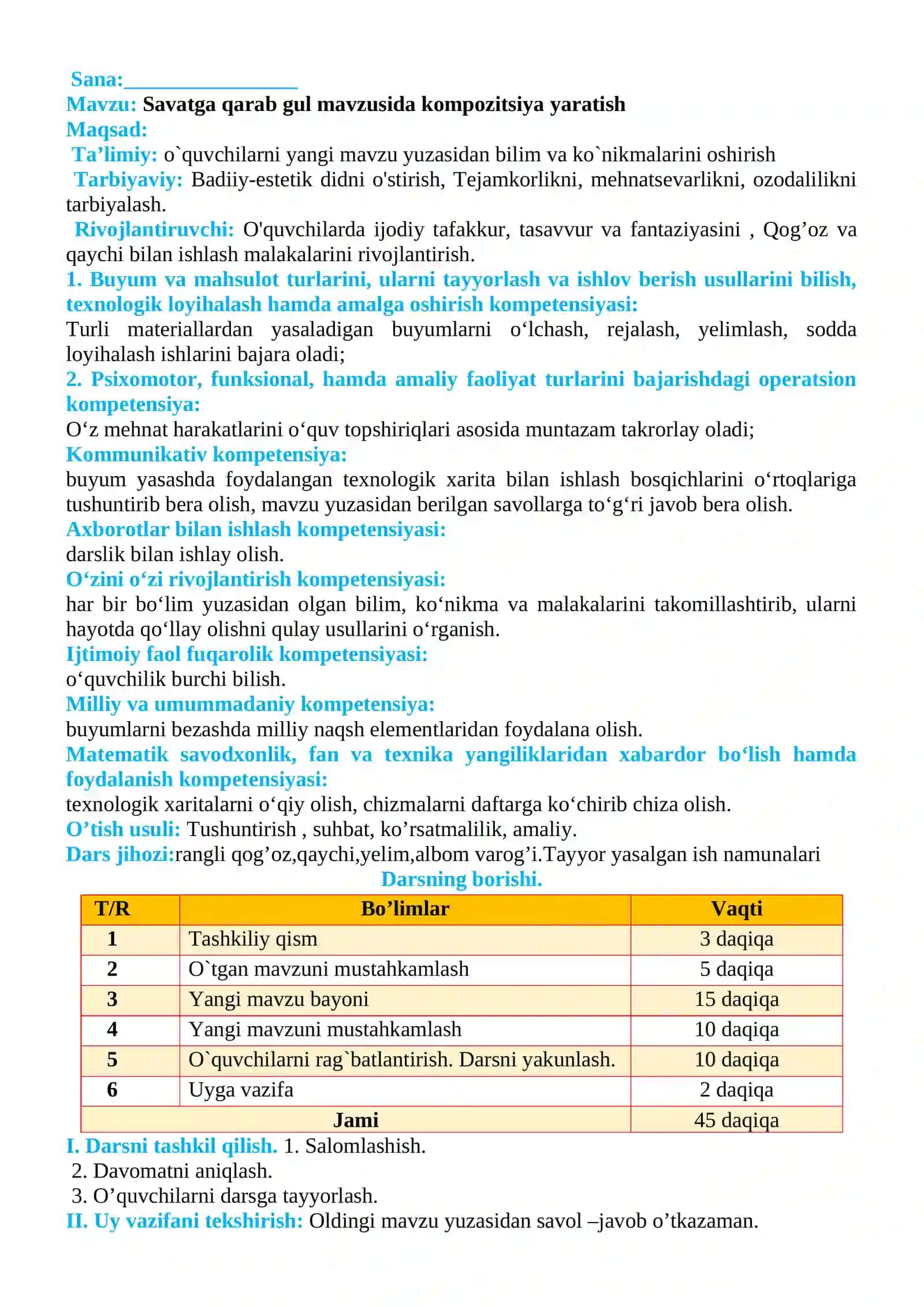4-sinf Texnologiya Savatga qarab gul mavzusida kompozitsiya yaratish mavzusida dars ishlanmasi 2