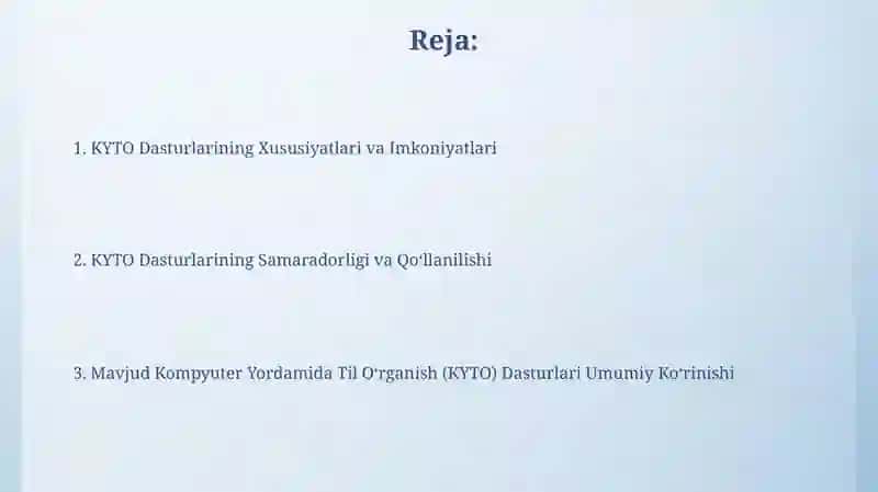 KYTO Dasturlarining Xususiyatlari va Imkoniyatlari 2