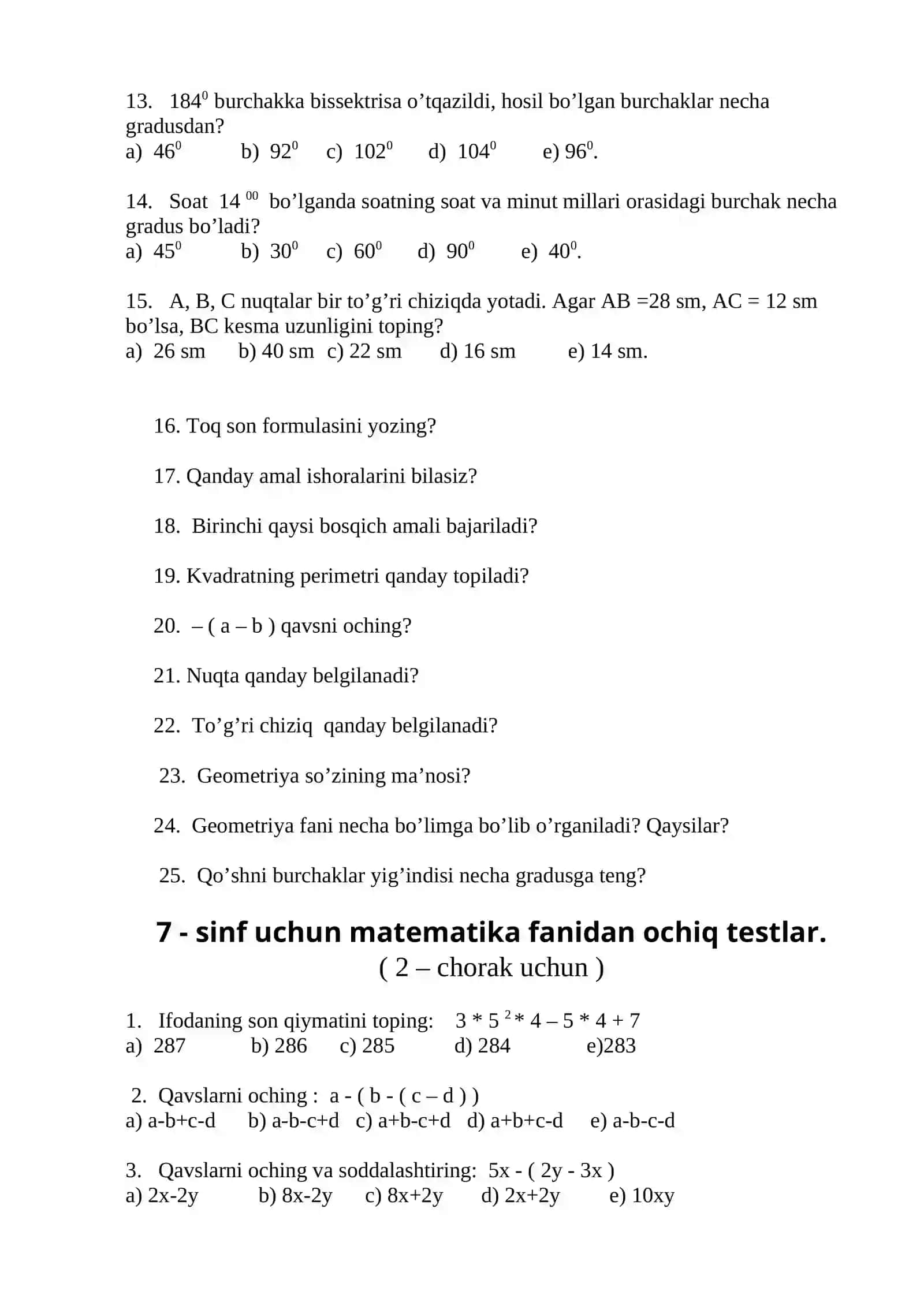 7 - sinf uchun matematika fanidan ochiq testlar 2