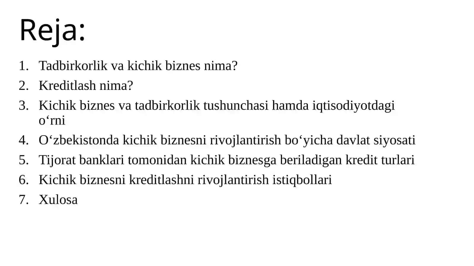 TADBIRKORLIK VA KICHIK BIZNESNI KREDITLASH (TAQDIMOT) 2