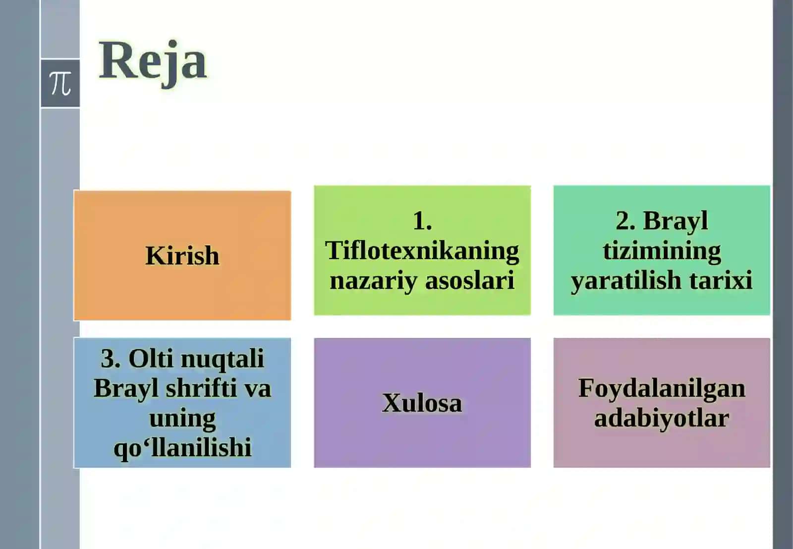 TIFLOTEXNIKA TARIXI, MOHIYATI, MAQSAD VA VAZIFALARI. BRAYL TIZIMI YARATILISH TARIXI VA OLTI NUQTALI BRAYL SHRIFTI 2