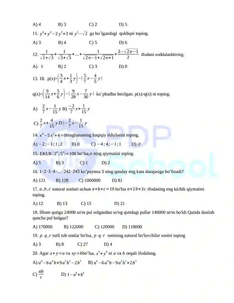 Matematika fanidan asosiy fan olimpiadasi bosqichi 9-sinflar uchun test savollari 2