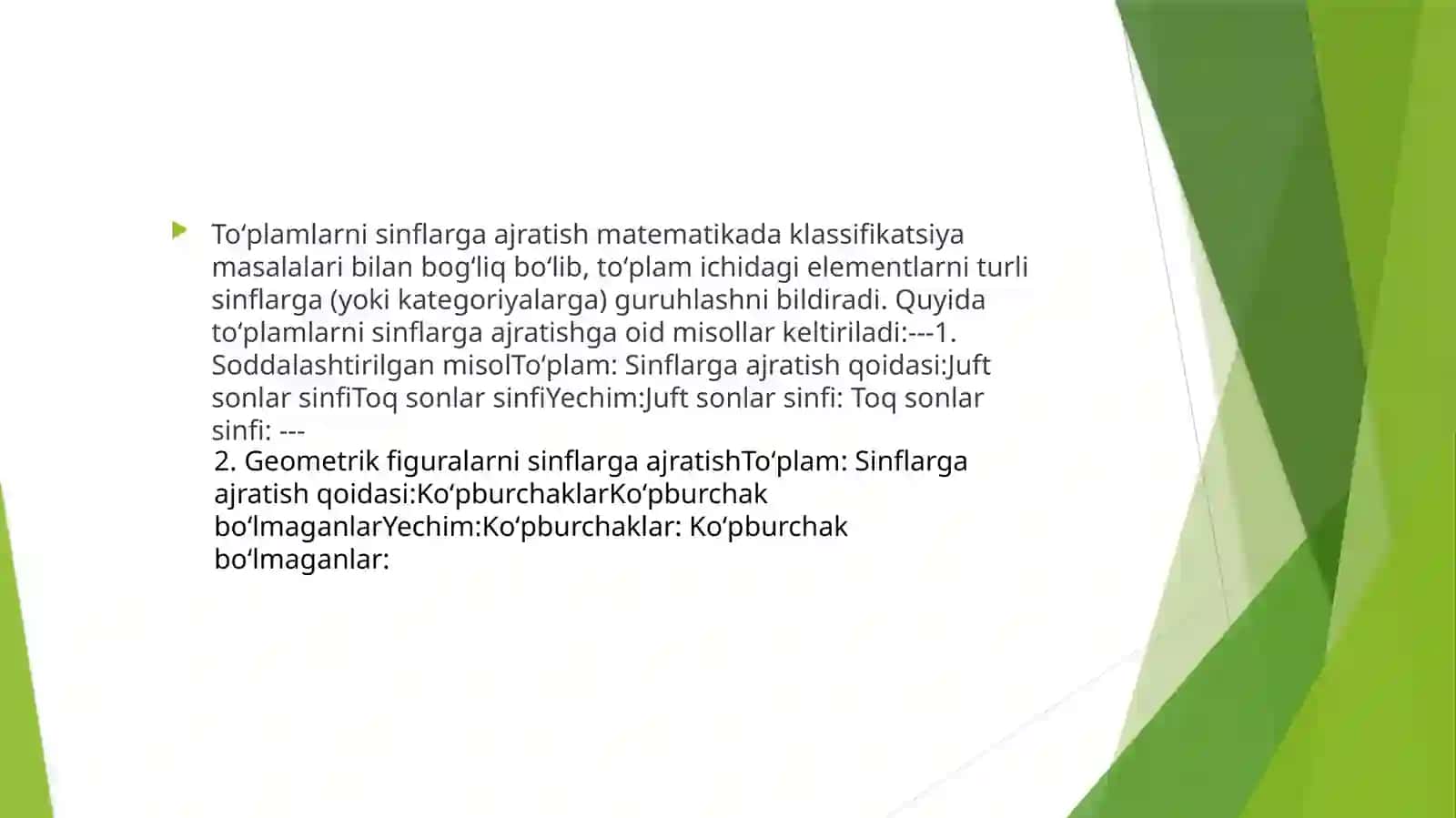 Toʻplamlarni sinflarga ajratishga oid misollar 2