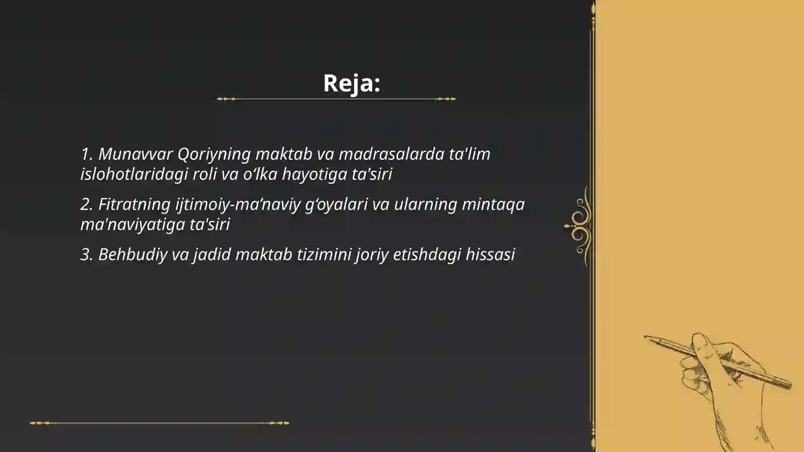 Jadid ma’rifatparvarlarining o‘lka ijtimoiy-ma’naviy hayotida tutgan o‘rni (Munavvar Qori, Fitrat, Behbudiy, Avloniy va boshq.) 2