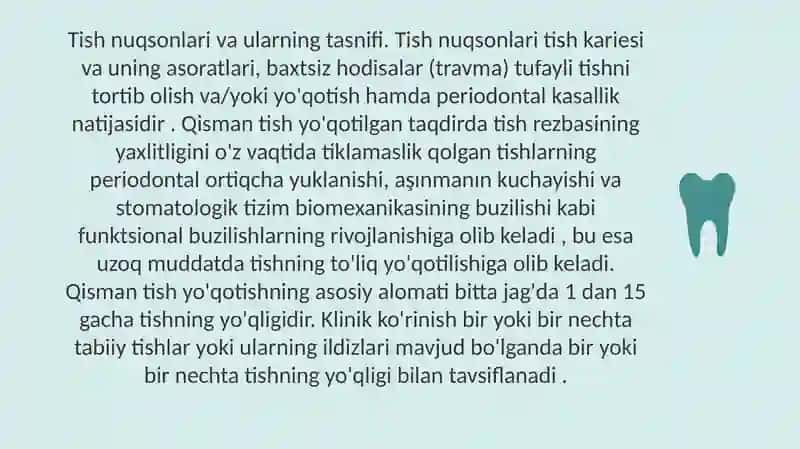 Tish qatorlari qisman nuqsonlarining Gavrilov,Engel va Oksman bo'yicha tasnifi 2
