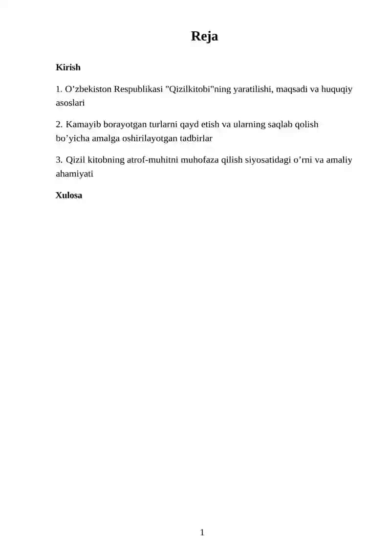 O’zbekiston Respublikasi “Qizil kitobi” va uning atrof-muhitni muhofaza qilishdagi o’rni 2