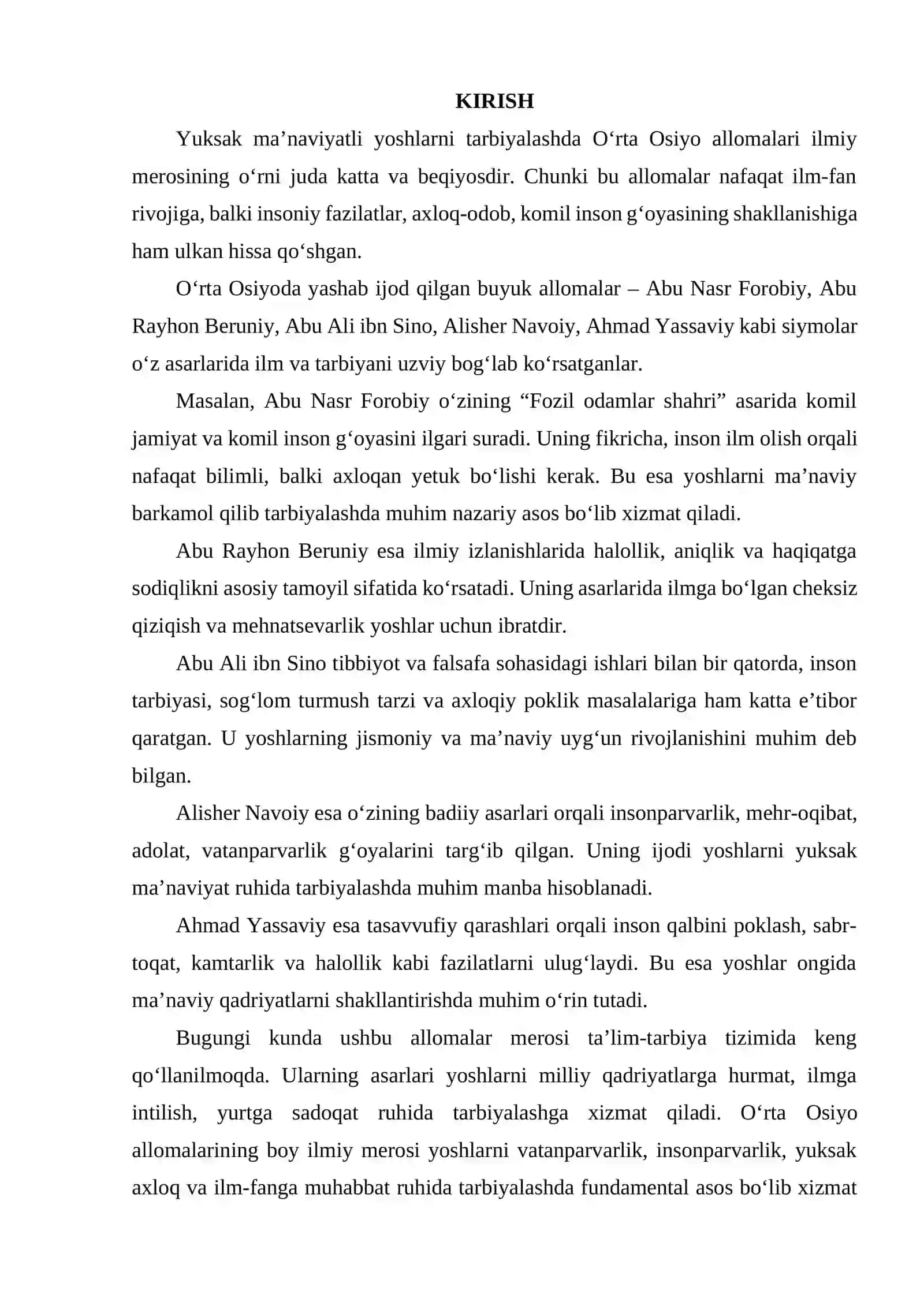 YUKSAK MA’NAVIYATLI YOSHLARNI TARBIYALASHDA O‘RTA OSIYO ALLOMALARI ILMIY MEROSINING O‘RNI (ALLOMALARNING ILMIY FAOLIYATI MISOLIDA). 2