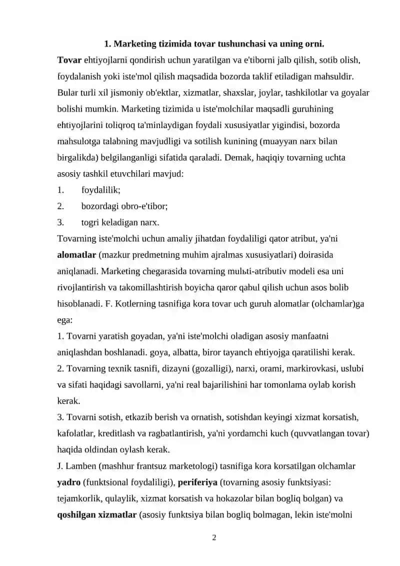 Marketing tizimida tovar tushunchasi, tovar siyosati va uning orni 2