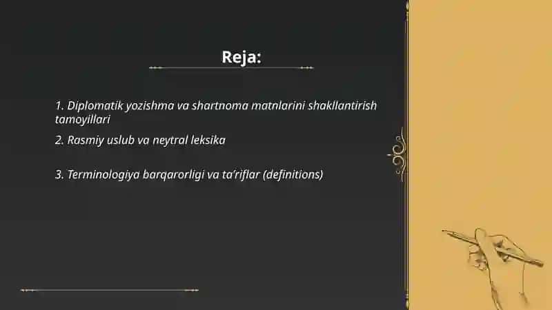 Diplomatik yozishmalarning xususiyatlari shartnoma matnlarini shakllantirish tamoyili 2